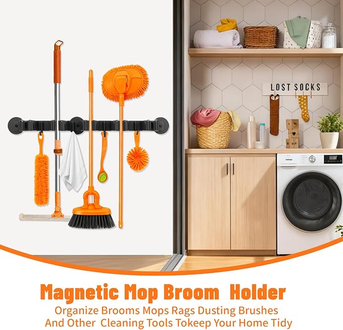 Magnetic Broom Holder Wall Mount with 4 Hooks and 5 Rack- Heavy Duty Non-Slip Mop Hanger for Wet Mops&Cleaning Tools on Refrigerator,Metal Door,Garage,Kitchen,Laundry Room - Image 5
