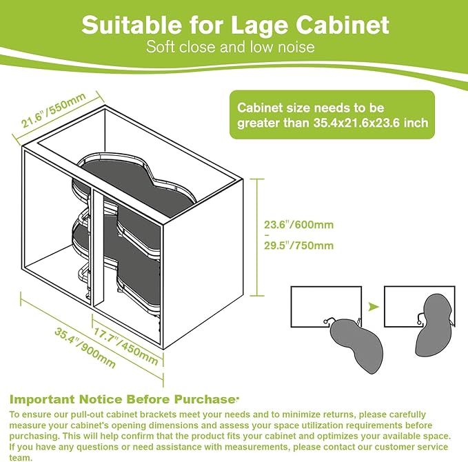 Blind Corner Cabinet Pull Out Organizer, Soft Close Swing Right Pull Out Cabinet Organizer 36inch, Corner Cabinet Lazy Susan for Corner Cabinet Blind Shelf, 2 Tiers Tray, Adjustable Height - Image 2