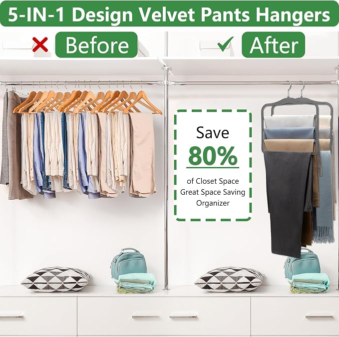 Closet Organizers and Storage,Pants Hangers Space Saving Velvet Hanger | Organization and Storage,Dorm Room Essentials for College Students Girls,Home Organization Scarf Jeans Hangers-2 Pack - Image 2