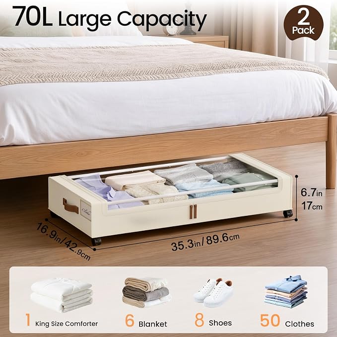 Yecaye 70L Large Under Bed Storage Containers with Wheels, 2 Pack, Beige | Larger Capacity, 360° Rolling Wheels, Clear Window & Label, Sturdy Fabric, Rolling Metal Drawers for Clothes, Shoes, Blankets - Image 2