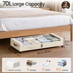 Yecaye 70L Large Under Bed Storage Containers with Wheels, 2 Pack, Beige | Larger Capacity, 360° Rolling Wheels, Clear Window & Label, Sturdy Fabric, Rolling Metal Drawers for Clothes, Shoes, Blankets - Image 2