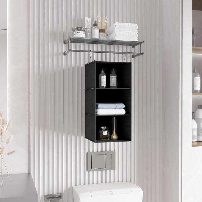 Hanging Closet Organizer 3-Shelf, Oxford Fabric Wardrobe Storage, Black | Easy-mount foldable design holds clothes, handbags, shoes & accessories; washable Oxford fabric, sturdy and space-saving. - Image 8