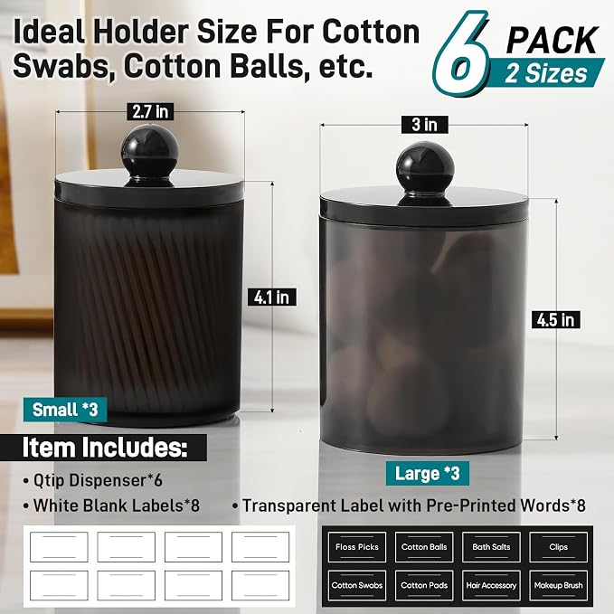 6 Pack Acrylic Qtip Holder Dispenser for Cotton Swabs, Balls, Floss Picks - Image 3