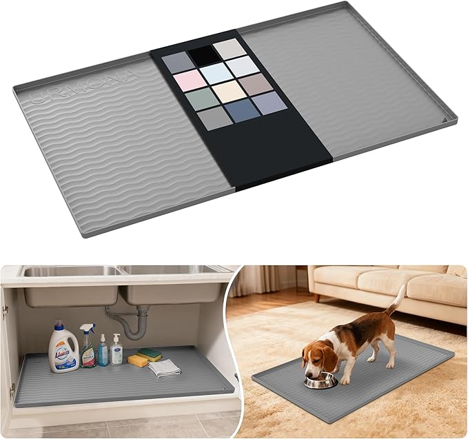 URMONA Waterproof Silicone Under Sink Mat 37'' x 22'' Shelf Liner for Kitchen and Bathroom, Cabinet and Counter Protector, Storage and Organizers, Litter Mat, Pet Cat Puppy Essentials(Beige) by URMONA