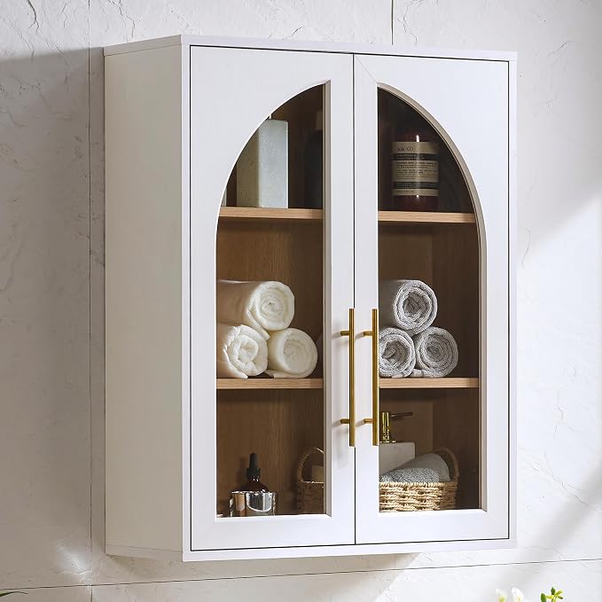 Bathroom Wall Cabinet, 23.5×31.4'' Storage Cabinet, Arched Cabinet Wall Mount with Adjustable Shelf & Glass Doors, Medicine Cabinet for Laundry Room, Bathroom, Kitchen, Living,White/Natural Oak,1PC by NOWABAY