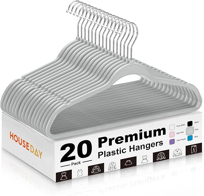 HOUSE DAY Grey Plastic Hangers 20 Pack - Ultra-Thin Heavy Duty Non-Velvet by HOUSEDAY