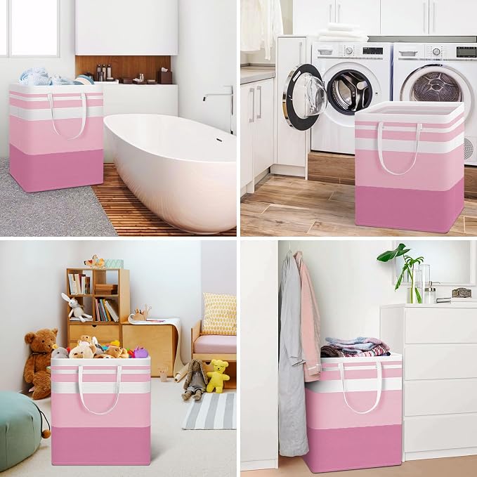 HomeHacks 2 Pack Laundry Baskets, Laundry Hampers Bags (Grey+Pink 100L) | Waterproof, Freestanding, Collapsible Clothes Hamper with Reinforced Handles in Laundry Room, Dorm, Bathroom, Bedroom - Image 6