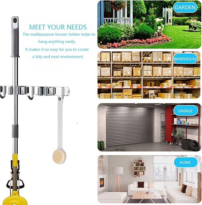 Broom and Mop Holder Wall Mounted, Broom Hanger Storage Rack, Stainless Steel Mop Hanger, Dustpan Holders with 2 Racks and 3 Hooks, Heavy Duty utility hooks for hanging brooms and mops - Image 6