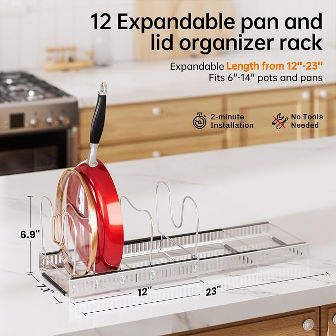 MUDEELA Expandable Pot Pan Lid Organizers inside Cabinet, 12 Divider-Silver - Image 2