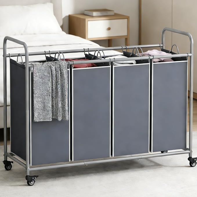 LINZINAR 4 Section Laundry Hamper, Grey Laundry Basket, 180L Laundry Sorter - Image 2