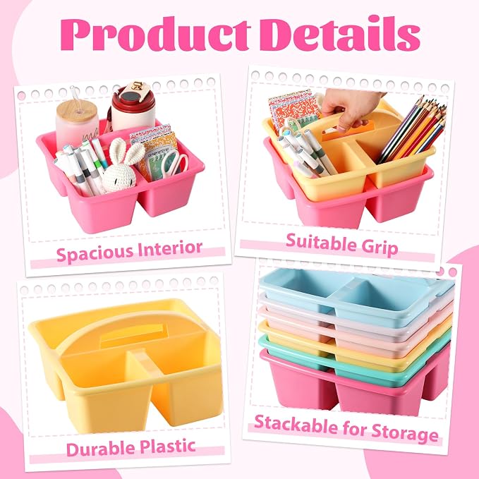 6 Pack Plastic Classroom Organizer Caddy with Handle, Pastel - Image 3