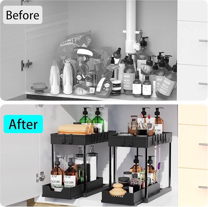 2 Pack black Under Sink Organizers and Storage, 2-Tier Sliding Cabinet Basket Organizer with Hooks, Multi-Purpose Under Sink Organizers and Storage for Bathroom Kitchen - Image 6