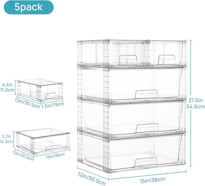 Vtopmart Clear Stackable Storage Drawers, 5 Pack Wide Storage Set - Image 3