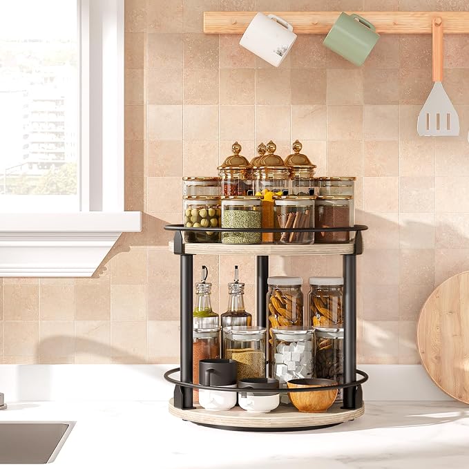 YATINEY Lazy Susan Organizer, Rotating Spice Rack, 2 Tier Spice Turntable Organizer, Industrial Turntable Spice Holder, for Kitchen Countertop and Cabinet, Compact and Versatile, Greige SR22BG - Image 2
