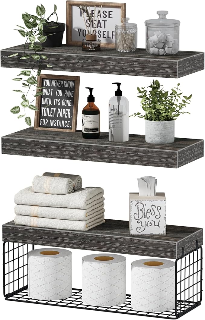 QEEIG Bathroom Shelves Over Toilet - Wall Mounted Floating Shelves Toilet Paper Storage Small Farmhouse Decor Shelf 16 inch Set of 3, Grey (019-GY3) by QEEIG