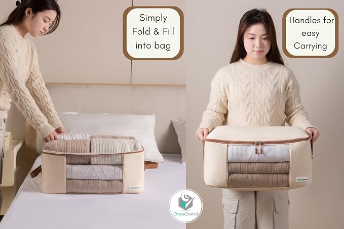 Chaos Cleared Canvas Storage Bags Designer Organizer for Clothing 2 Pack – Clothes Organizers for sweaters, clothing, garment, bedding, quilt, linens, large bag with zip & window, mothproof - Image 3