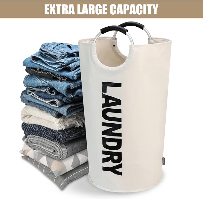 DOKEHOM 90L Large Laundry Basket Bag, Collapsible Tall Hamper, Beige - Image 5