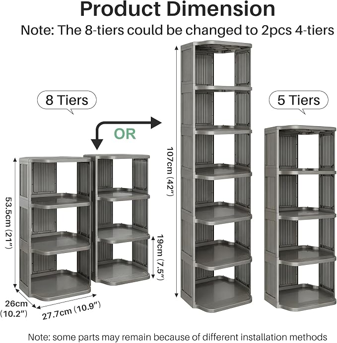 Kitstorack 8-Tier Vertical Plastic Shoe Rack, Freestanding Stackable Shoe Storage Organizer Cubes Shoe Shelf Tower or Small Closets and Tight Spaces, Gray - Image 3