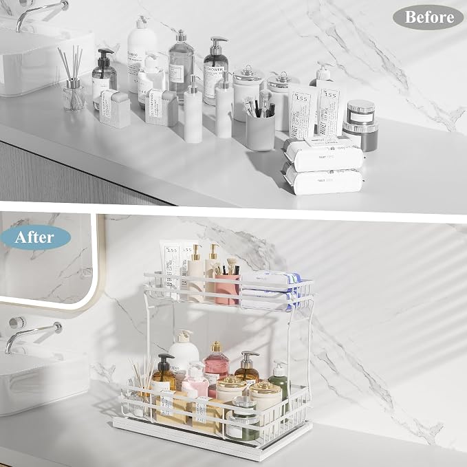2 Pack Under Sink Organizers and Storage, 2 Tier Pull Out Cabinet Organizer, Metal Sliding Drawer Storage for Kitchen Bathroom, White - Image 4