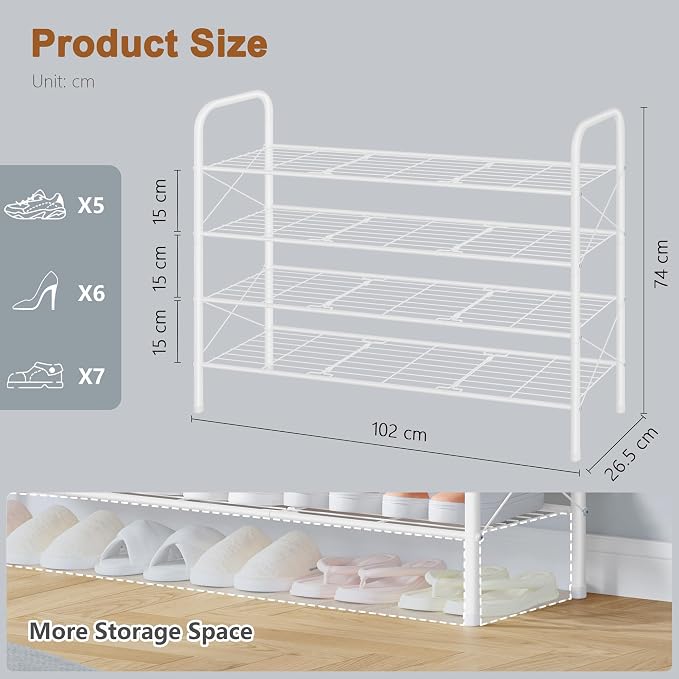Hoctieon 4 Tier Mesh Style Shoe Rack, Entryway Shoe Shelf, Shoe Storage Organizer, Shoe Rack for Closet, Space Save for Bathroom, Garage, Hallway, Bedroom, Living Room, White - Image 3