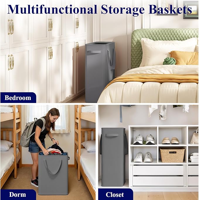 Optish 50L Slim Laundry Hamper, Small Laundry Hamper With Handles, Narrow Laundry Basket for Dorm, Bedroom, Living Room, Collapsible Laundry Basket, Grey - Image 6