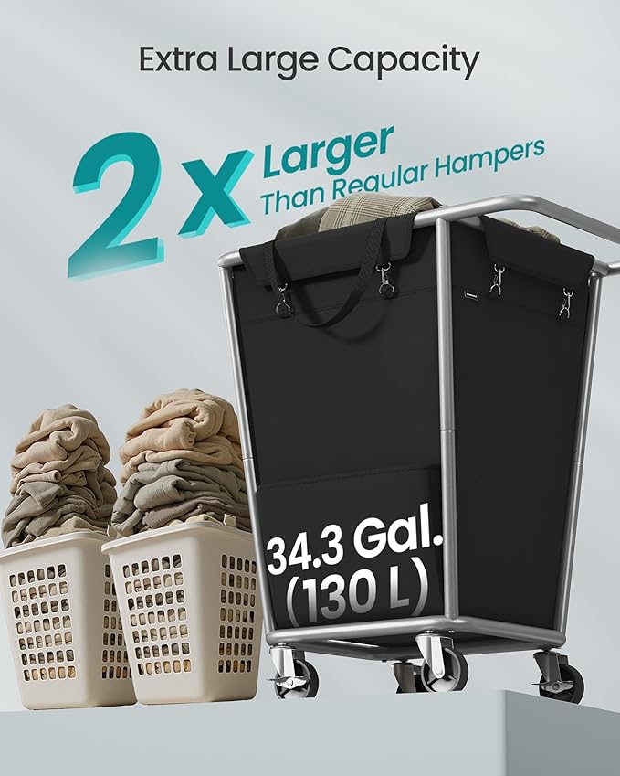 SONGMICS 1-Section Laundry Basket with Wheels, 34.3 Gallons (130 L) Hamper - Image 3