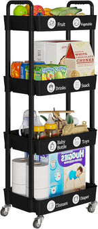 Laiensia 4-Tier Rolling Cart with Wheels,Multifunction Utility Storage Carts, Kitchen Storage Organizer,Mobile Shelving Unit for Bathroom,Laundry,with Classified Stickers,Black - Image 2