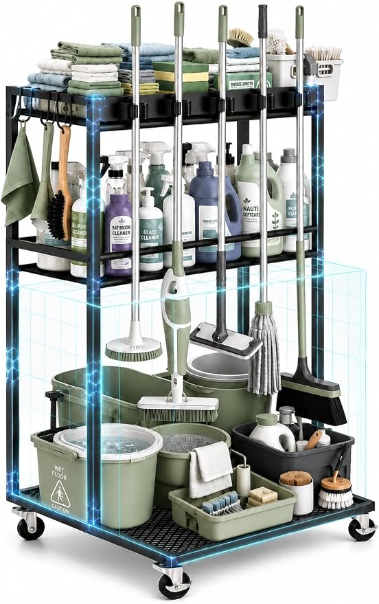 Cleaning Supplies Organizer Cart with Wheels, Broom and Mop Holder with 5 Grippers, 6 Hooks, 3 Shelves, Rolling Broom Closet Storage Rack for Laundry Room, Kitchen, Bathroom, Garage, Poolside by Unknown
