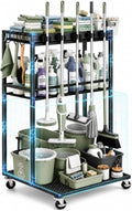 Cleaning Supplies Organizer Cart with Wheels, Broom and Mop Holder with 5 Grippers, 6 Hooks, 3 Shelves, Rolling Broom Closet Storage Rack for Laundry Room, Kitchen, Bathroom, Garage, Poolside by Unknown