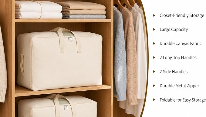 DoYiKe Soft Canvas Clothes Storage Bags with Four Carrying Handles and Clear Window, Closet Organizer for Clothing, Blankets Sheets and Bedding, 55L, 3 Pack, Beige - Image 6