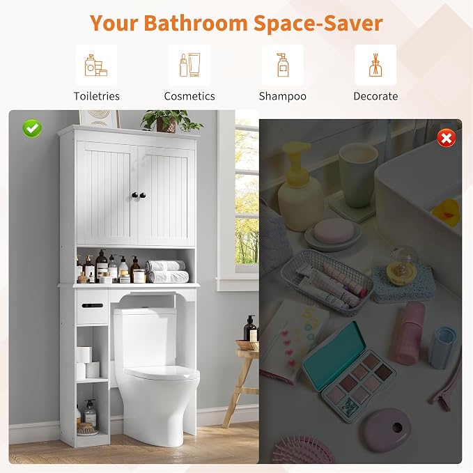 GarveeTech 30 Inches Wide Toilet Rack with Over the Toilet Storage Cabinet, Bathroom Shelf Organizer with Anti-Tip Device, Small Freestanding Space Saver with Adjustable Shelf，White - Image 6