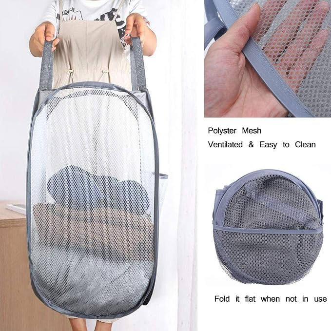 Mesh Pop up Laundry Hamper, Collapsible for Storage, Portable Folding Pop-Up Clothes Hamper Laundry Basket for Home Room, College Dorm or Travel, Grey - Image 5