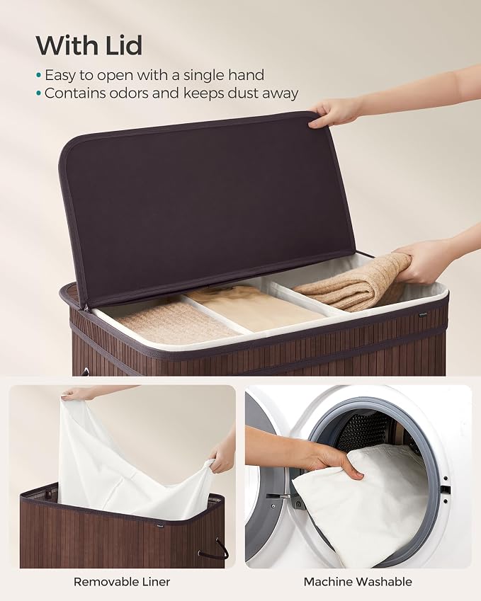 SONGMICS Bamboo Laundry Hamper with Lid, 39.6-Gallons, with Handles - Image 3