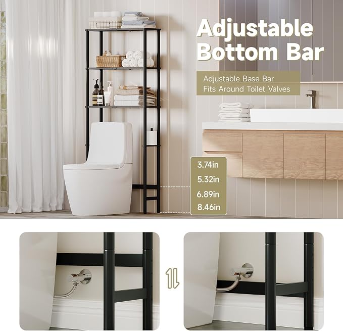 Over The Toilet Storage,3-Tier Bamboo Bathroom Shelf with Paper Holder - Image 5