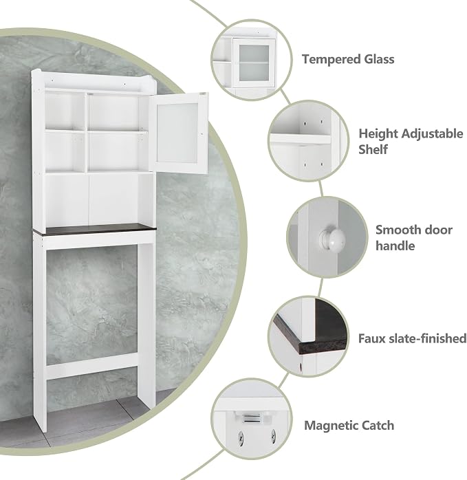 ZenStyle Over The Toilet Cabinet Double Door Wood Bathroom Storage Organizer with Adjustable Shelves, Cubby and Tempered Glass Door (White) - Image 5
