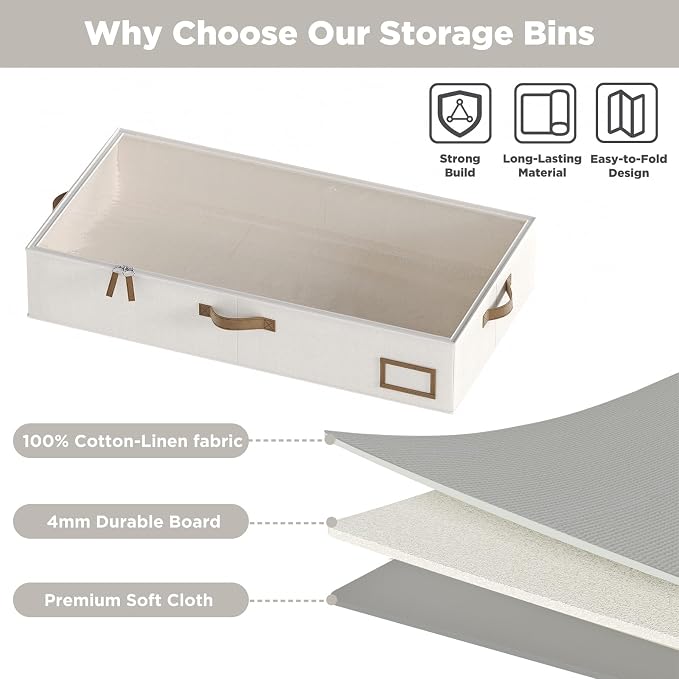 Under Bed Storage, Under Bed Storage Containers Bins for Clothes, Large Linen Underbed Closet Organization Bins, 2 Pack Collapsible Underbed Bin Dorm for Clothes, Sweater, Beige - Image 4