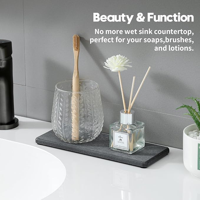 Razborci 2PCS Bathroom Trays, Water Absorbing Diatomite Stone Quick Drying Mat for Kitchen Counter, Dish Rack Soap Dispenser Sponge Holder Caddy Sink Vanity Organizer, Dark Gray Slate,9"x3.5" - Image 2