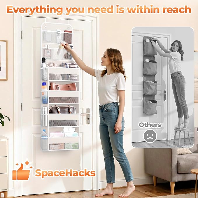 SpaceHacks 6-Tier Over the Door Organizer with Mesh Pockets, Baby Nursery Storage for Closet, Bathroom and Bedroom, Adjustable Hanging Closet Organizer for Cosmetics, Books and Essentials (Beige) - Image 6