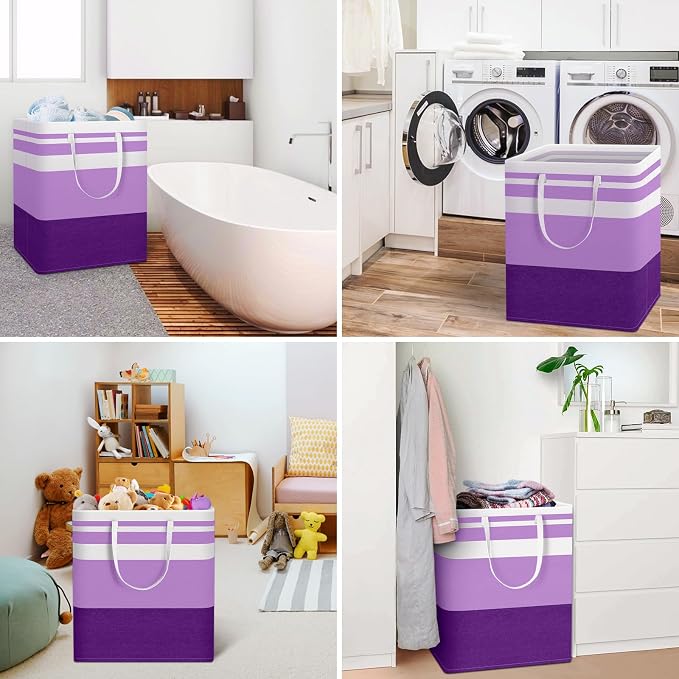 HomeHacks 2 Pack Laundry Baskets, Laundry Hampers Bags (Purple 100Lx2) | Waterproof, Freestanding, Collapsible Clothes Hamper with Reinforced Handles in Laundry Room, Dorm, Bathroom, Bedroom - Image 6