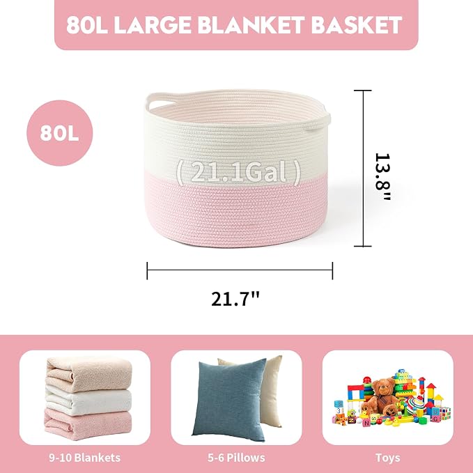 Foldable Laundry Hamper Basket with Collapsible Handle Cotton Rope Soft Woven Fabric Storage Organizer Clothes Toys Nursery Bedroom Dorm Space Saving Bin (White & Pink, 80L(21.7"D x 13.8"H)) - Image 5
