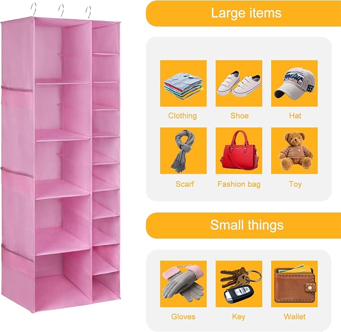 Libeder Shoe Organizer for Closet, 15 Shelf Hanging Closet Storage Shelves - 10 Shoe Rack Organizer and 5 Compartment for Clothes with 6 Side Mesh Pockets for Scarves Socks,Gloves, Pink - Image 4
