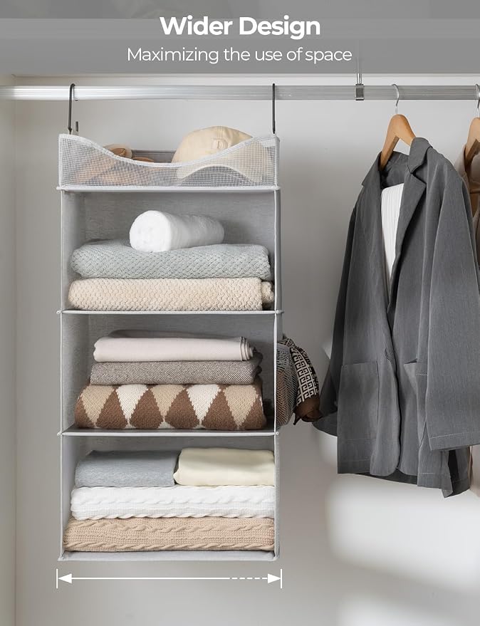 StorageWorks 3-Shelf Hanging Closet Organizer with Half Compartment, Ivory | Add More Storage to Small Closets, a Side Pocket and Half Compartment, Ideal for Bedrooms, Dorms and RVs,Light Grey - Image 6
