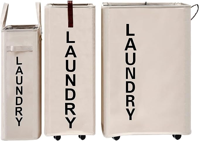 70L Large Rolling Laundry Hamper - Tall Narrow Basket With Wheels, Slim Clothes Bin, 27.5" Beige - Image 8