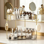 2-Tier Corner Bathroom Counter Organizer，Makeup & Skincare Shelf with Built-in Brush Holder，Space-Saving Bathroom Countertop Organizer for Skincare, Perfume, Cosmetics(Clear) - Image 5