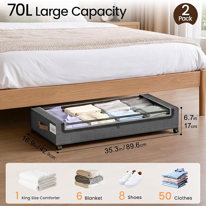 Yecaye 70L Under Bed Storage with Wheels, 2Pack Larger Capacity Under Bed Storage Containers, Underbed Shoe Storage Organizer, Rolling Under Bed Metal Drawers for Clothes, Blankets(35.5 x 17 x 6.7in) - Image 2