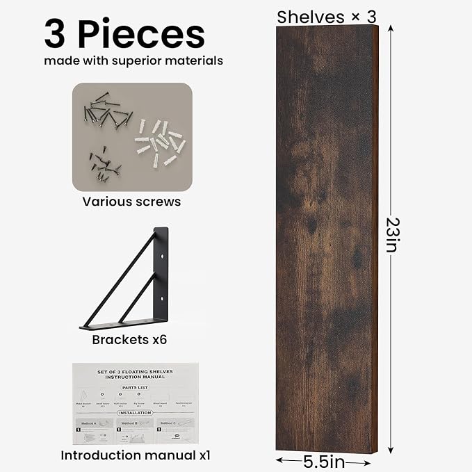 BAYKA Floating Wall Shelves for Bedroom, Wood, Rustic Brown, Set of 3, 23in - Image 2