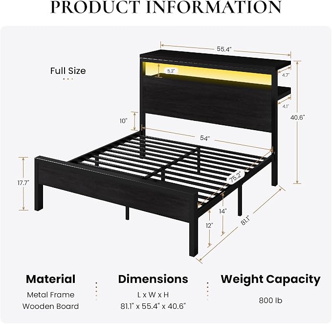 SHA CERLIN Full Bed Frame, 2-Tier Storage Headboard, LED, Charging Station - Image 2