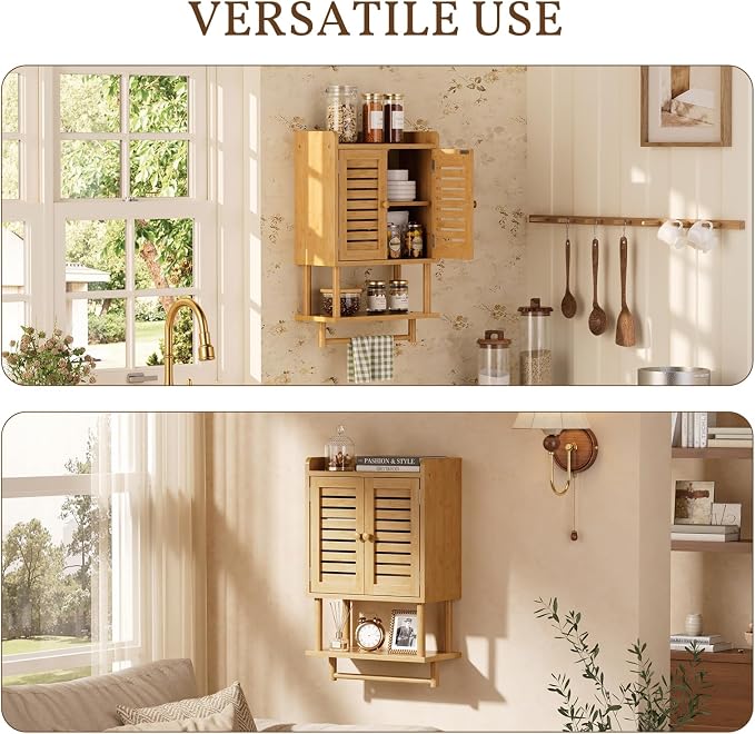 AmazerBath Bathroom Wall Cabinet, Bamboo Over The Toilet Storage Cabinet, Hanging Medicine Cabinets with Towel Bar, Wall Mounted Storage Shelf with Adjustable Shelves for Small Spaces - Image 7