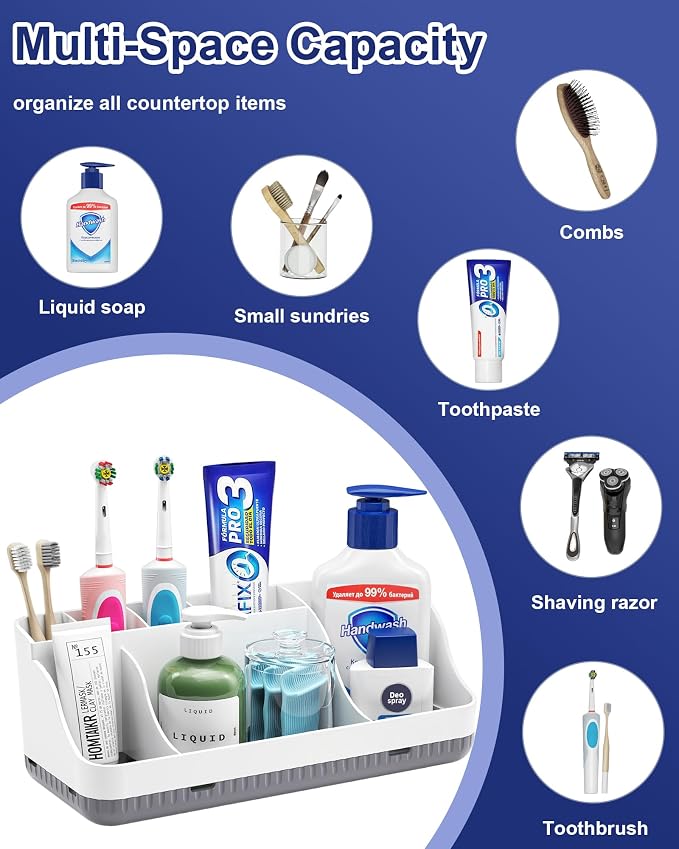 Bathroom Counter Organizer and Storage, 7 Slots Detachable Toothbrush Holders for Bathrooms, Anti-Slip Electric Toothbrush and Toothpaste Holder Countertop Vanity Organizer Accessories for Adults Kids - Image 7