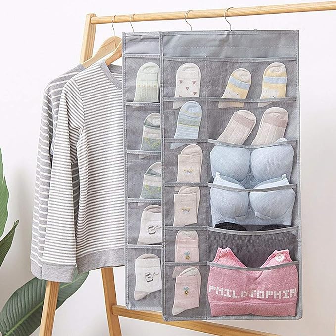 Closet Hanging Organizer with Mesh Pockets & Rotating Metal Hanger,Dual Sided Wall Shelf Wardrobe Storage Bags,Oxford Cloth Space Saver Bag for Bra Underwear Underpants Socks (gray) - Image 7